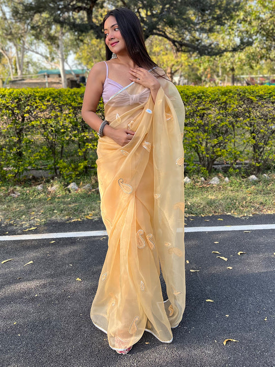 Yellow Organza Saree With Blouse Piece