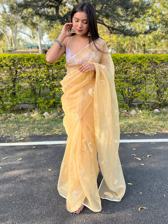 Yellow Organza Saree With Blouse Piece