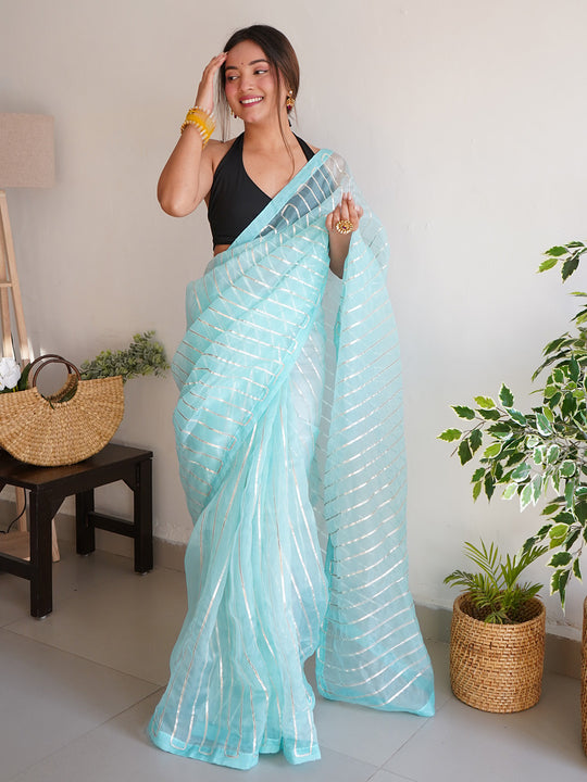 Blue Organza Saree With Blouse Piece