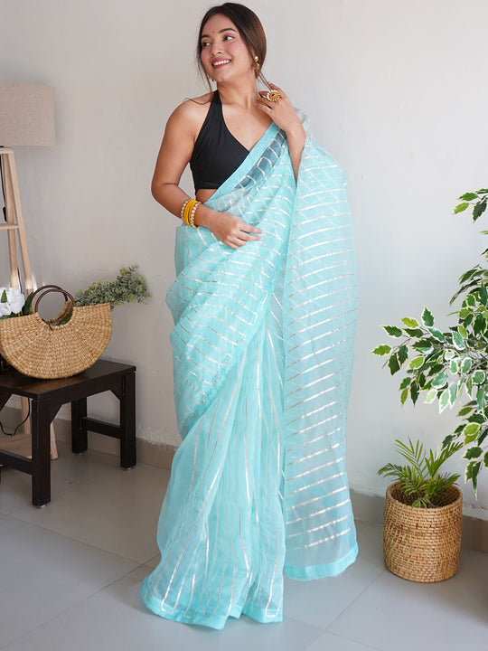 Blue Organza Saree With Blouse Piece