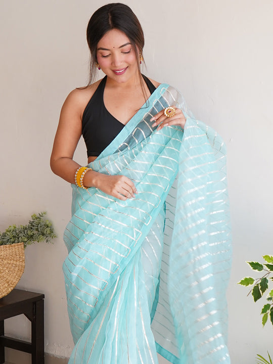 Blue Organza Saree With Blouse Piece