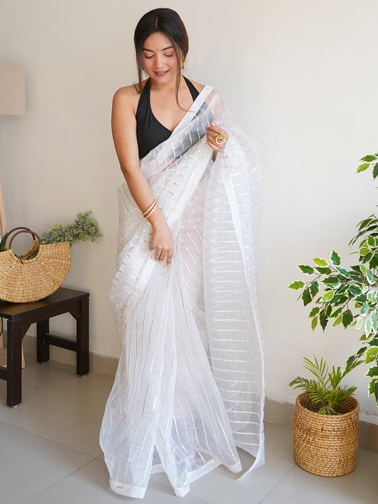 White Organza Saree With Blouse Piece