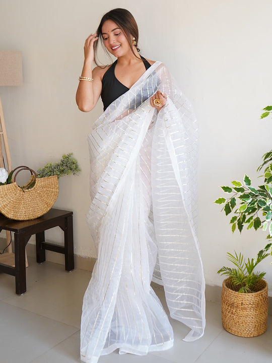 White Organza Saree With Blouse Piece