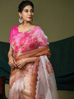 Brown Organza Saree With Blouse Piece