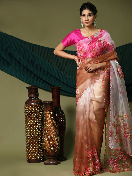 Brown Organza Saree With Blouse Piece