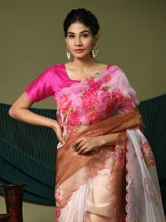 Brown Organza Saree With Blouse Piece