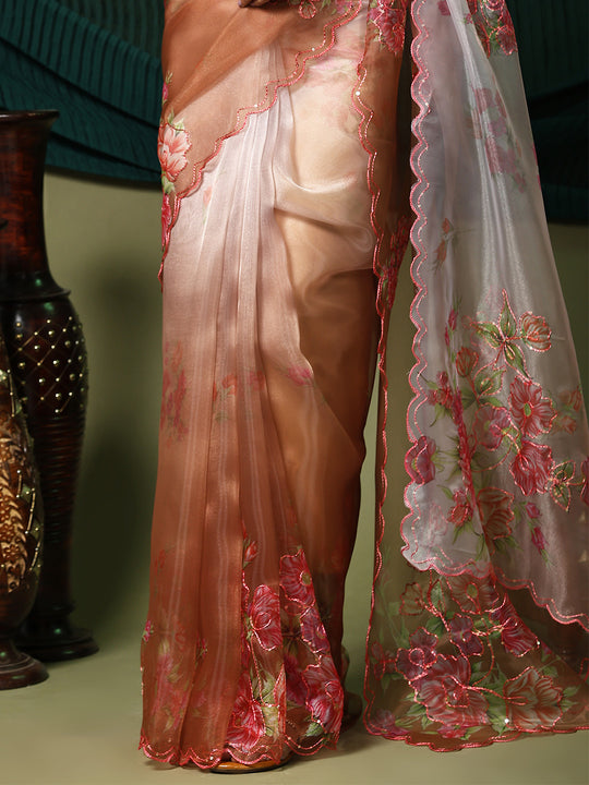 Brown Organza Saree With Blouse Piece