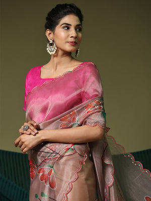 Coffee Brown Organza Saree With Blouse Piece