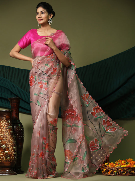 Coffee Brown Organza Saree With Blouse Piece