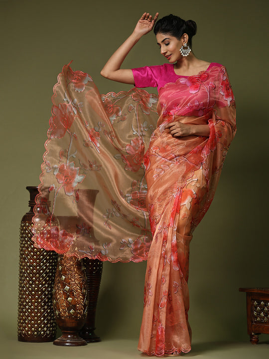 Orange Organza Saree With Blouse Piece