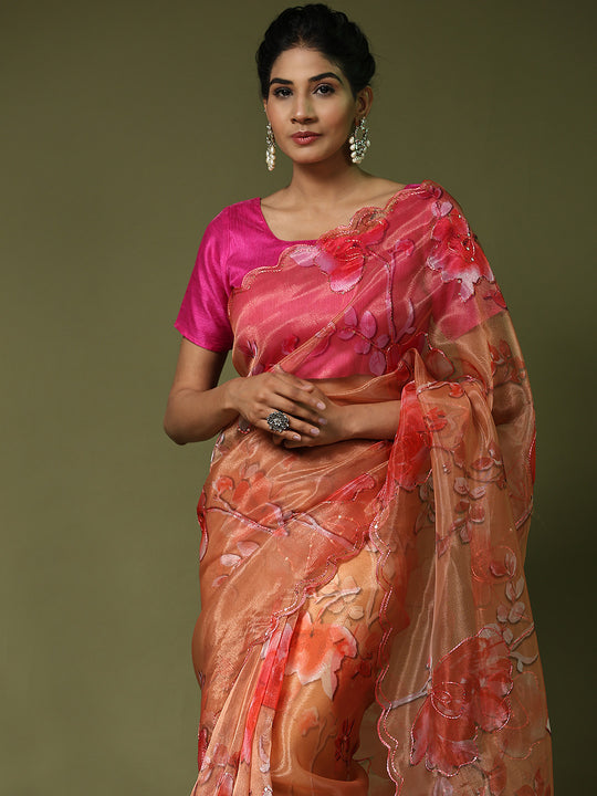 Orange Organza Saree With Blouse Piece