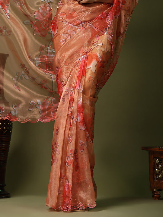 Orange Organza Saree With Blouse Piece