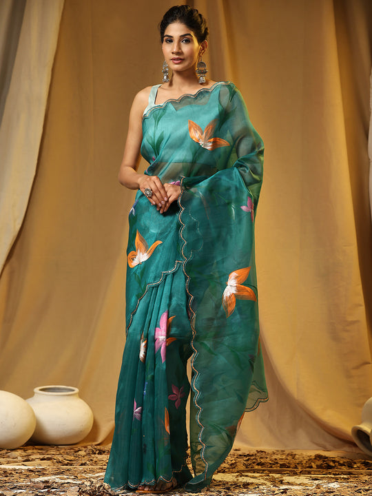 Sea Green Organza Saree With Blouse Piece