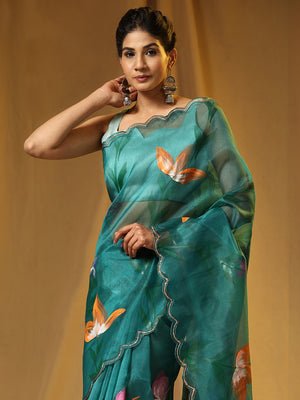 Sea Green Organza Saree With Blouse Piece