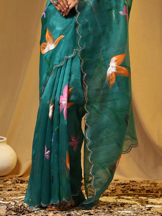 Sea Green Organza Saree With Blouse Piece
