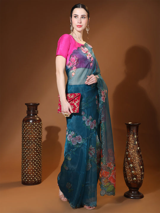 Teal Organza Saree With Blouse Piece