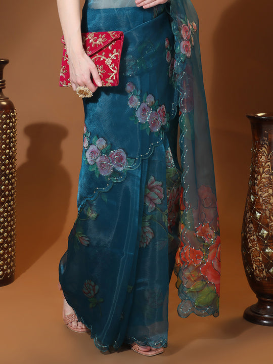 Teal Organza Saree With Blouse Piece
