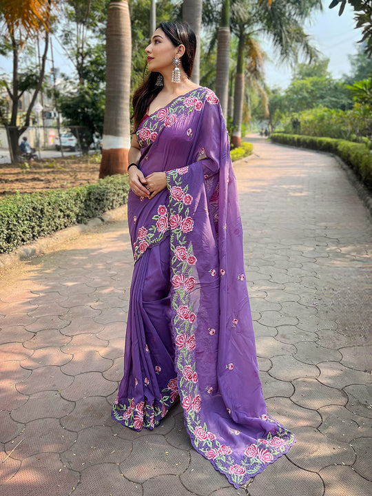 Purple Organza Saree With Blouse Piece