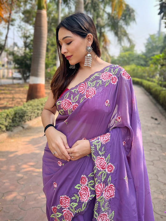 Purple Organza Saree With Blouse Piece