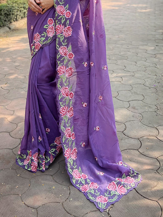 Purple Organza Saree With Blouse Piece