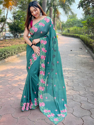 Sea Green Organza Saree With Blouse Piece