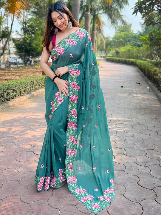 Sea Green Organza Saree With Blouse Piece