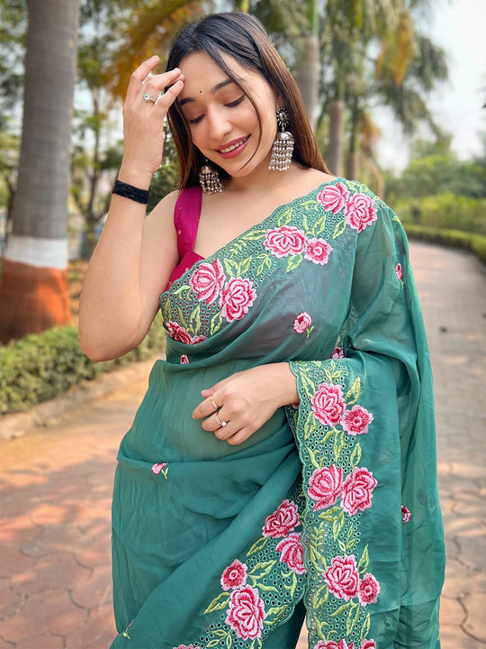 Sea Green Organza Saree With Blouse Piece