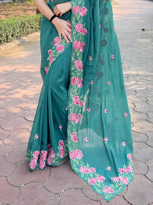 Sea Green Organza Saree With Blouse Piece