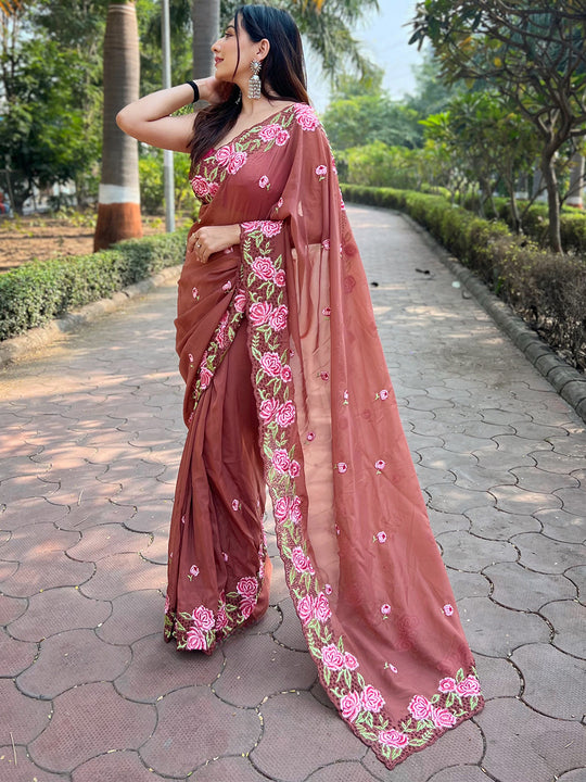 Brown Organza Saree With Blouse Piece