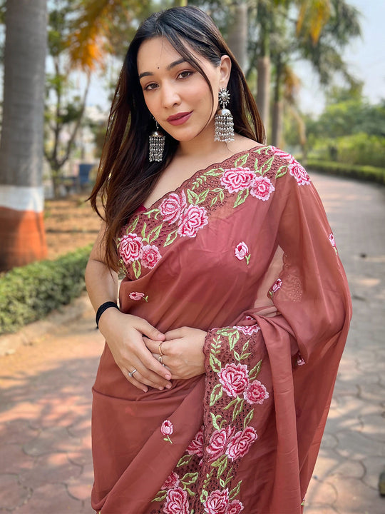 Brown Organza Saree With Blouse Piece