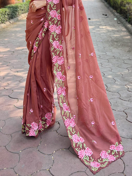 Brown Organza Saree With Blouse Piece