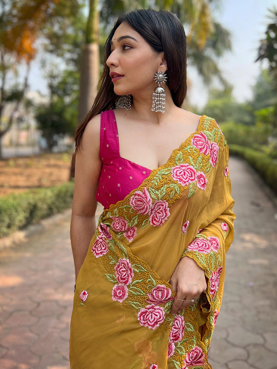 Mustard Organza Saree With Blouse Piece