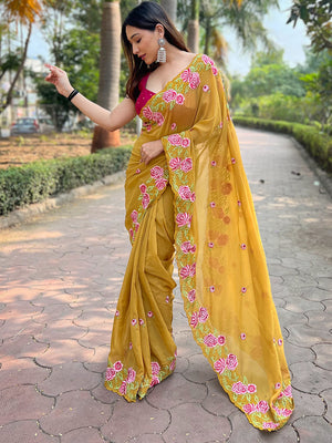 Mustard Organza Saree With Blouse Piece