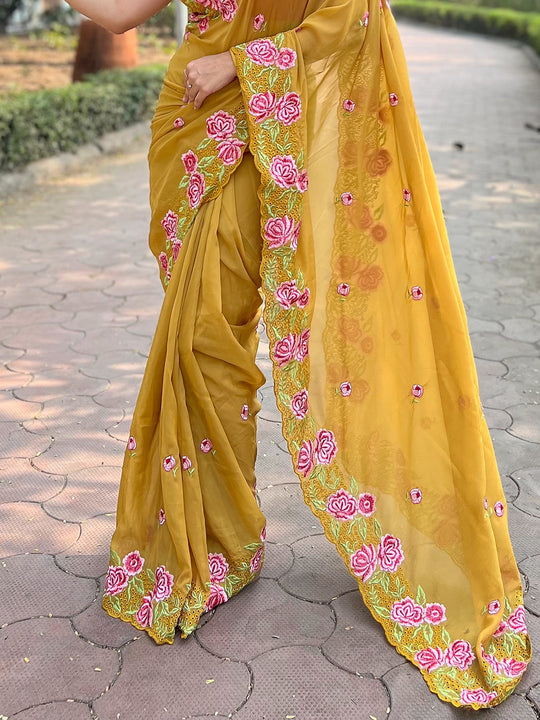 Mustard Organza Saree With Blouse Piece