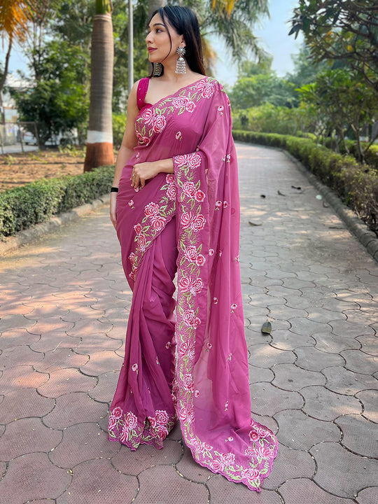 Pink Organza Saree With Blouse Piece