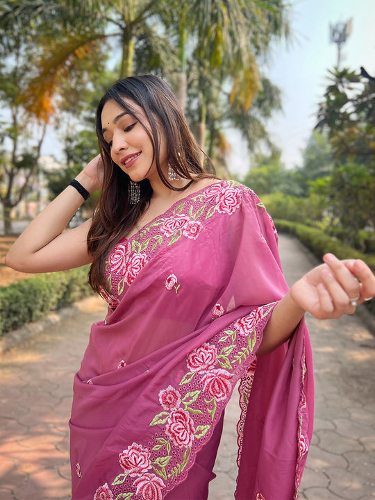 Pink Organza Saree With Blouse Piece