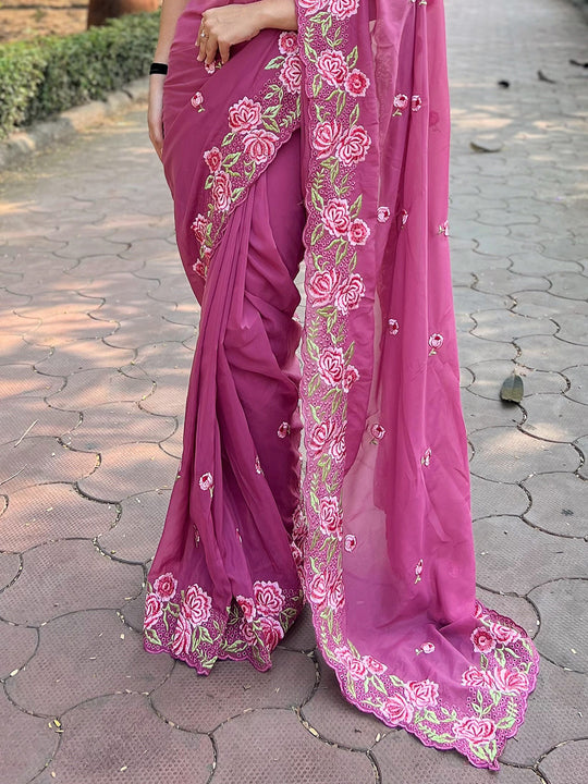 Pink Organza Saree With Blouse Piece