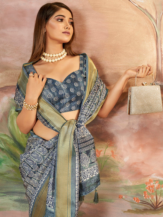 Grey Dola Silk Saree With Blouse Piece