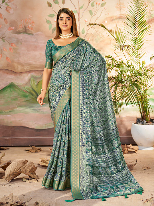 Sea Green Dola Silk Saree With Blouse Piece