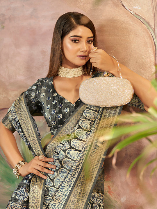 Grey Dola Silk Saree With Blouse Piece