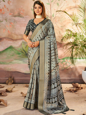 Grey Dola Silk Saree With Blouse Piece