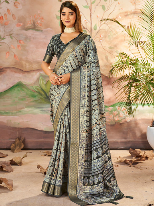 Grey Dola Silk Saree With Blouse Piece