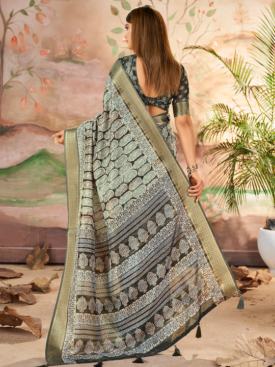 Grey Dola Silk Saree With Blouse Piece