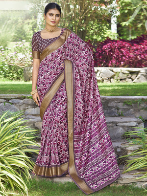 Pink Kalamkari Silk Saree With Blouse Piece