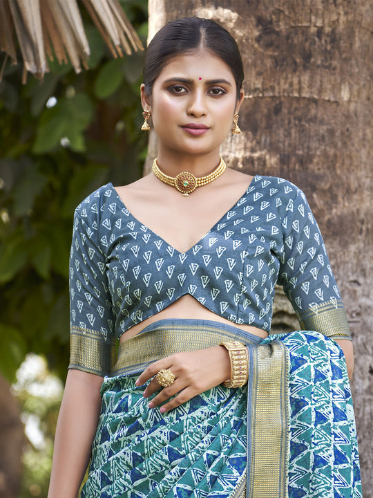 Sea Green Kalamkari Silk Saree With Blouse Piece