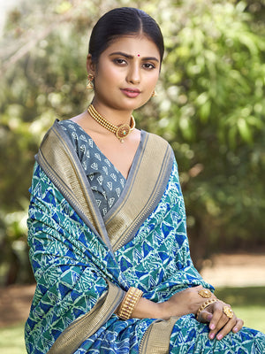 Sea Green Kalamkari Silk Saree With Blouse Piece