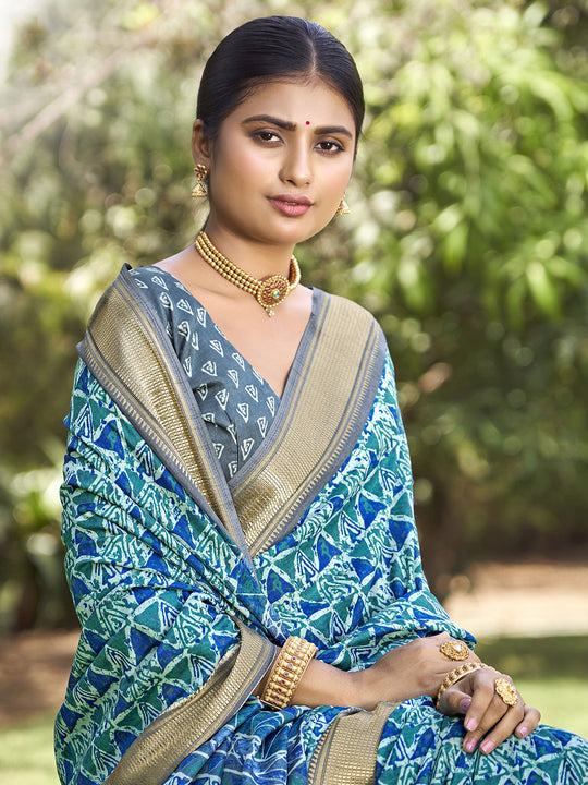 Sea Green Kalamkari Silk Saree With Blouse Piece