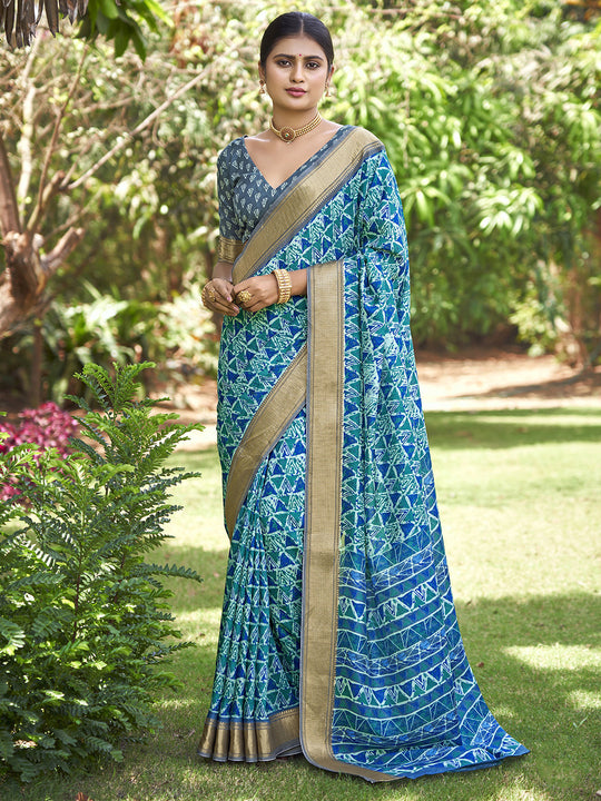 Sea Green Kalamkari Silk Saree With Blouse Piece