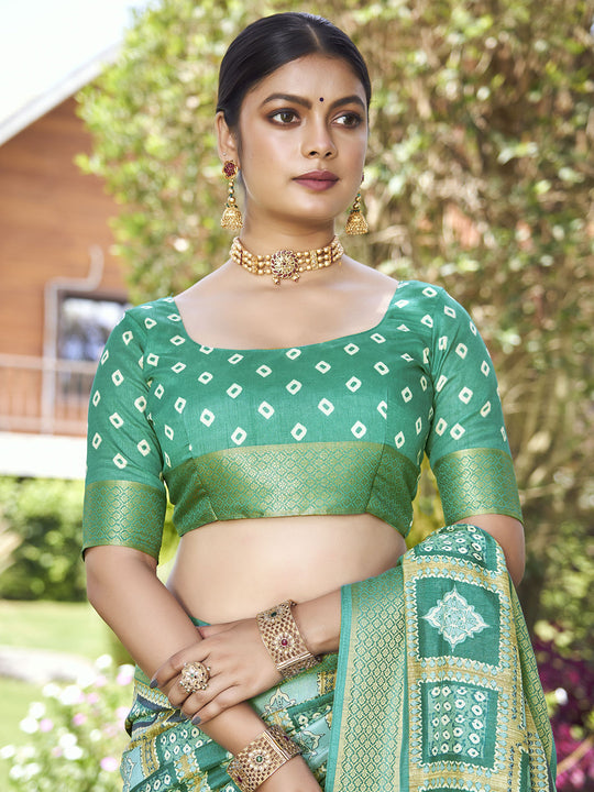 Sea Green Kalamkari Silk Saree With Blouse Piece