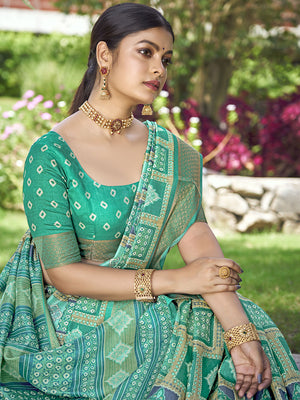 Sea Green Kalamkari Silk Saree With Blouse Piece